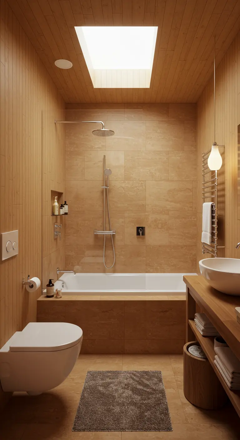 Narrow bathroom with light wood paneling, a skylight, and a tub-shower combination.