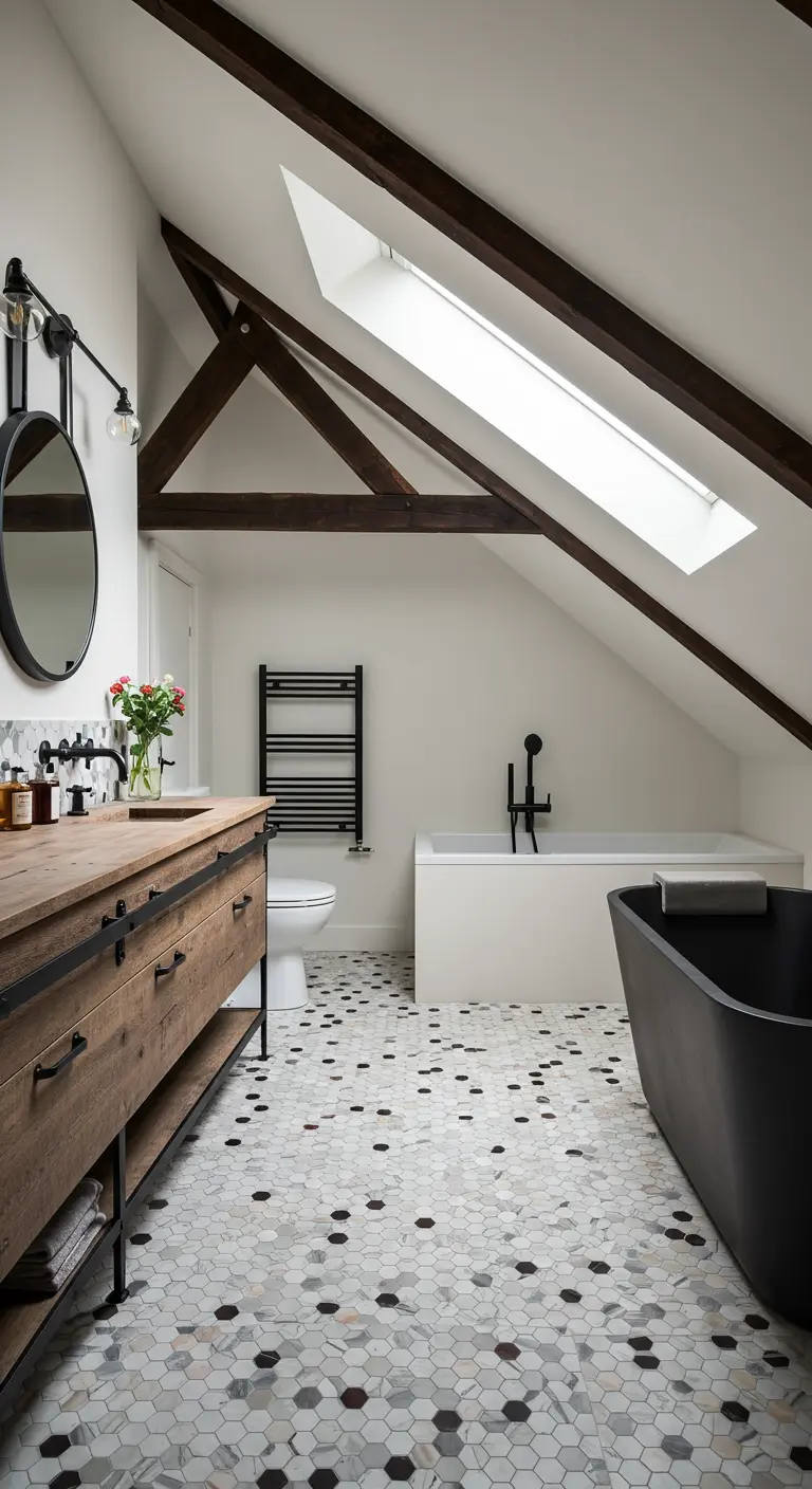 Attic bathroom with exposed beams, a skylight, a black freestanding tub, and patterned hex tiles.