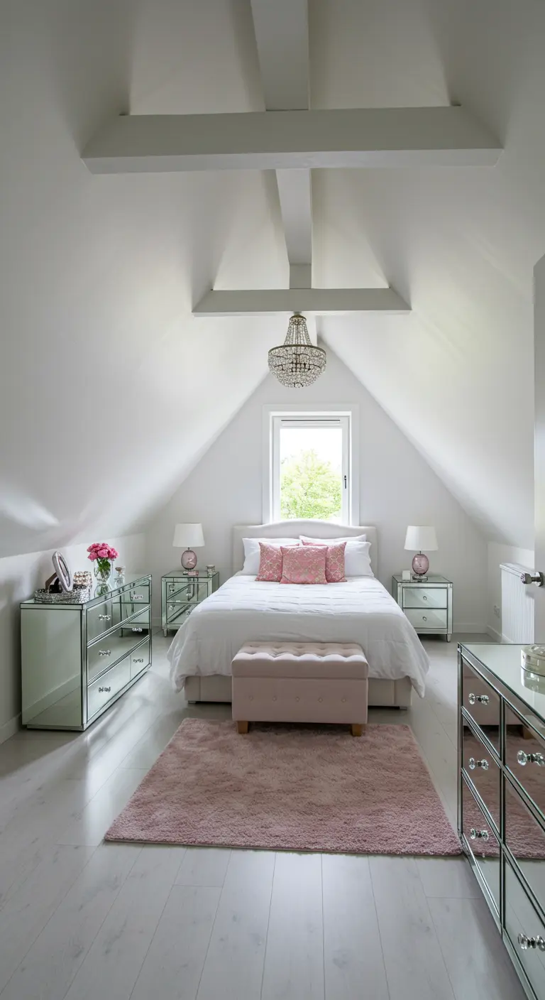 Bright attic bedroom with sloped ceilings, mirrored dressers, and a small crystal chandelier.