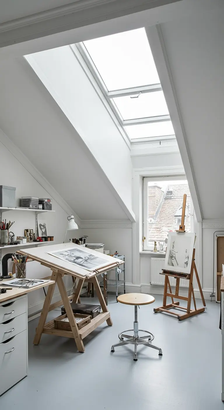 Bright attic art studio with large skylights, a drafting table, and an easel.
