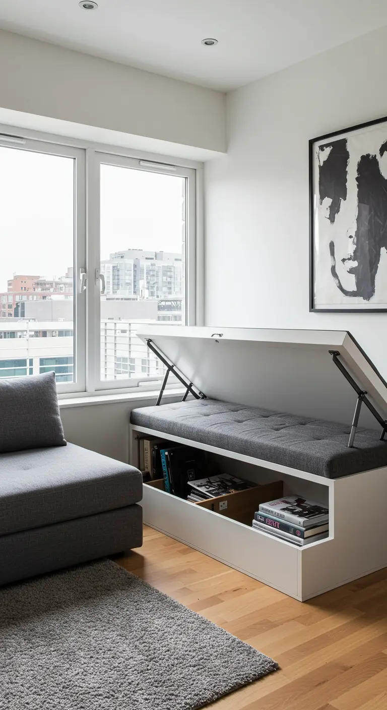 A cushioned window bench with a lift-up top revealing a deep storage compartment.