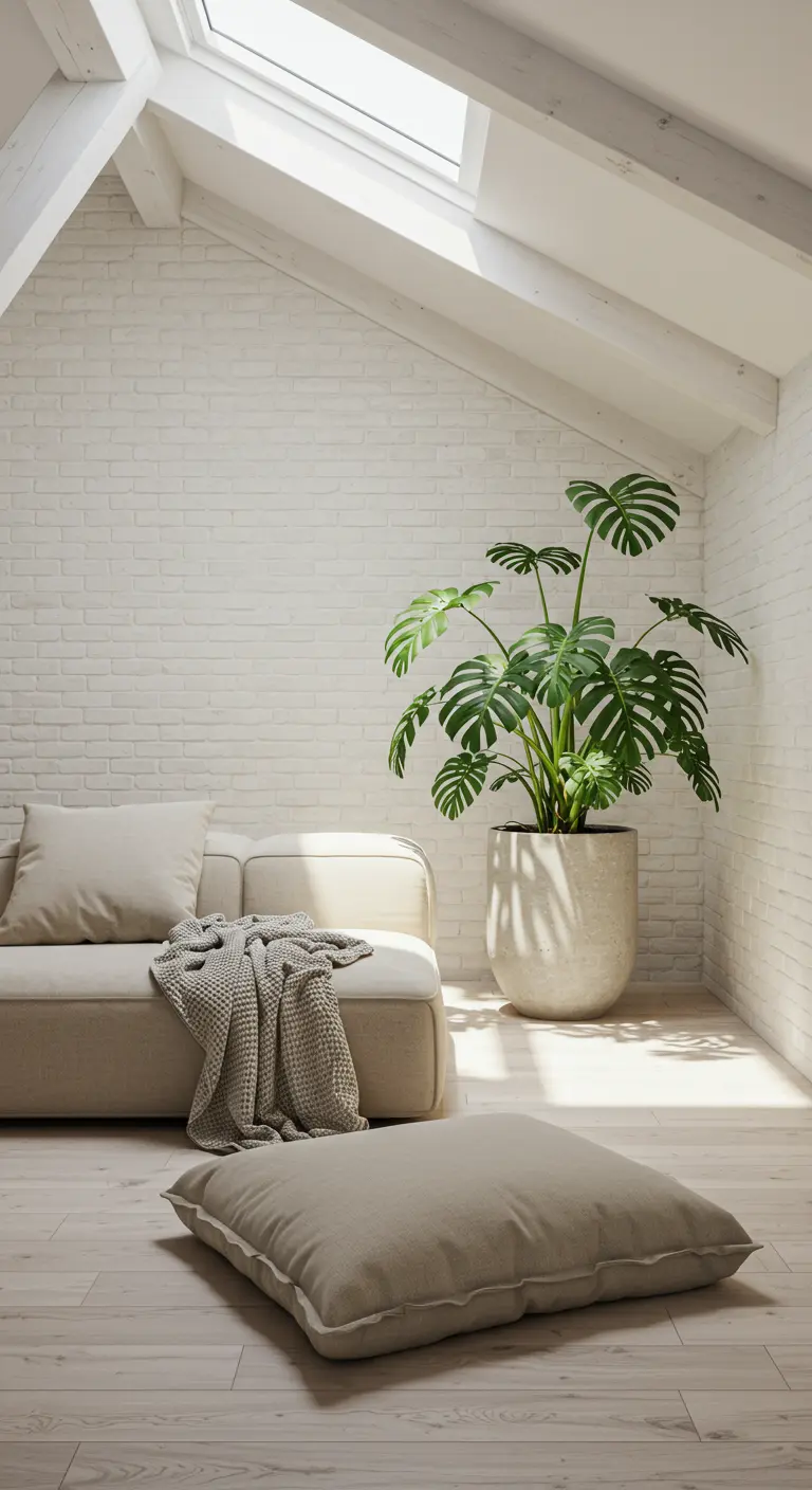 Bright attic room with white brick walls, a skylight, and a large monstera plant.