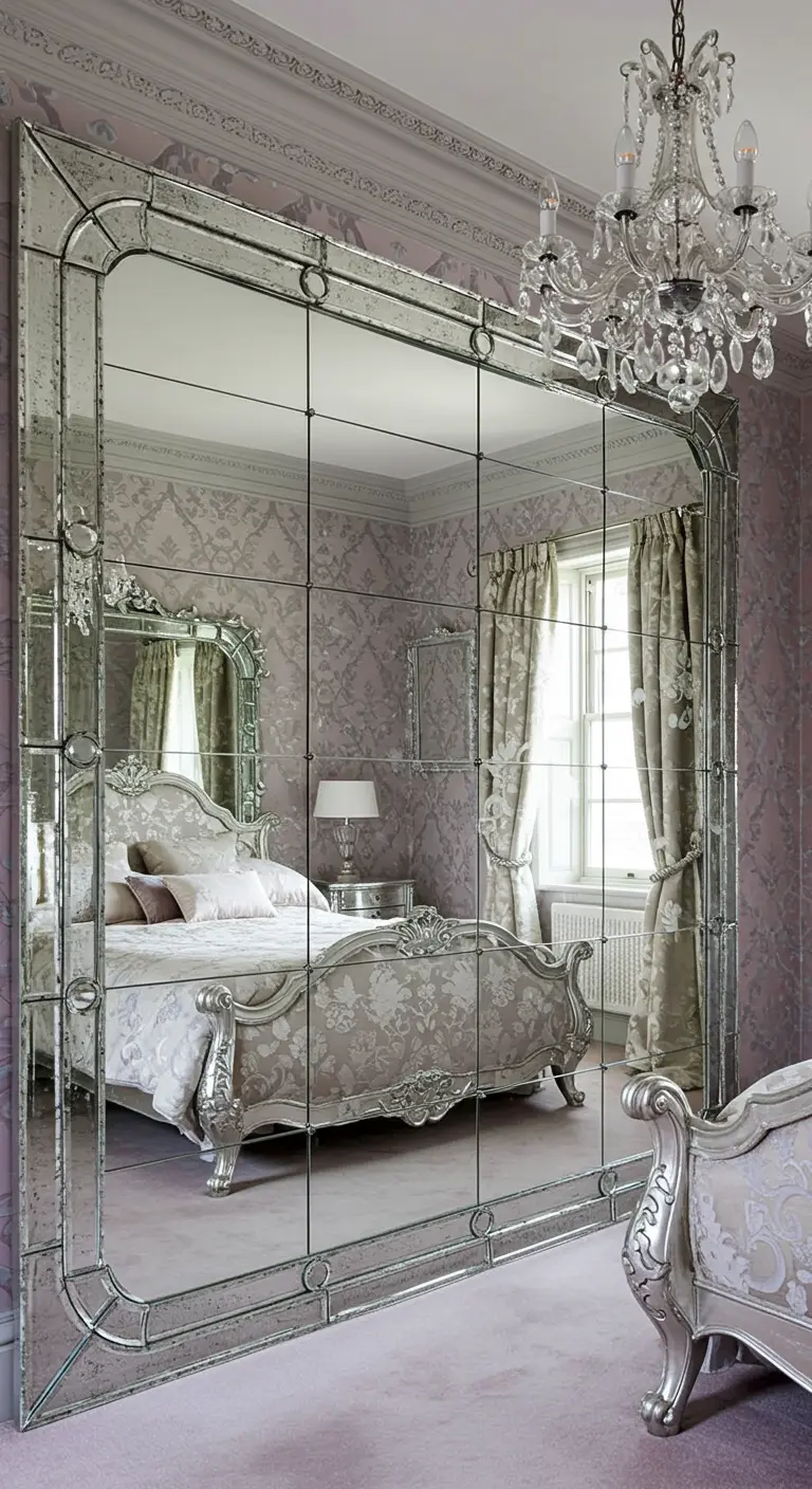 Paneled mirror wall reflecting a bed with a silver-leafed frame and chandelier.