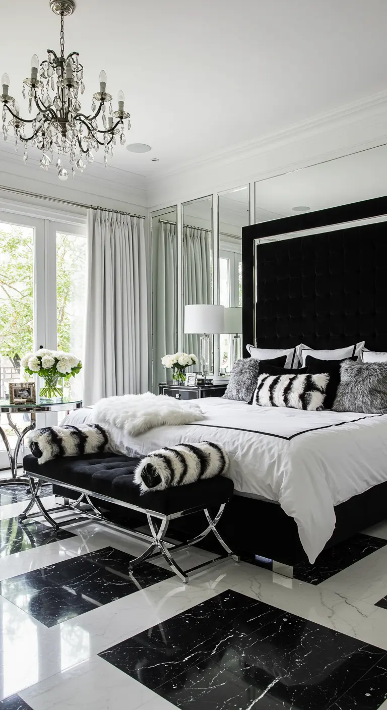 Black and white bedroom with a mirrored wall and checkerboard marble floor.
