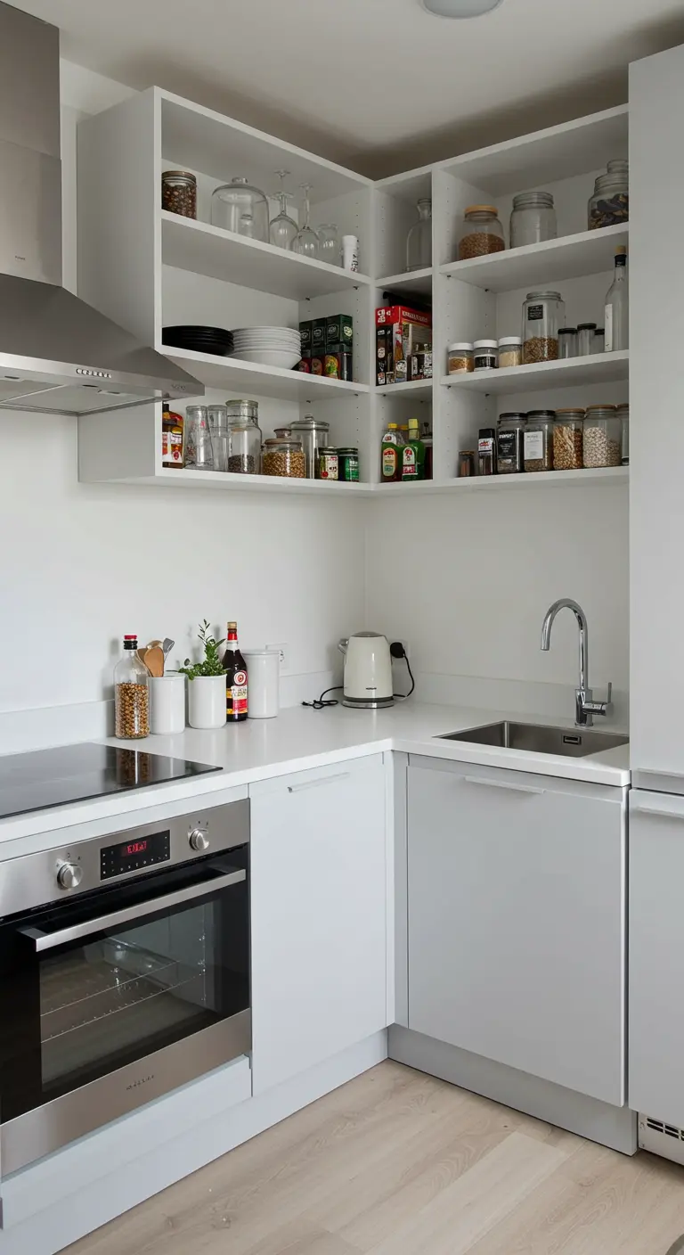 A bright, all-white L-shaped kitchen with open shelving filled with glass jars and dishware.