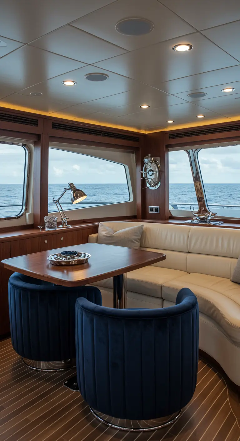 Interior of a yacht with curved navy velvet dining chairs and polished chrome fixtures.