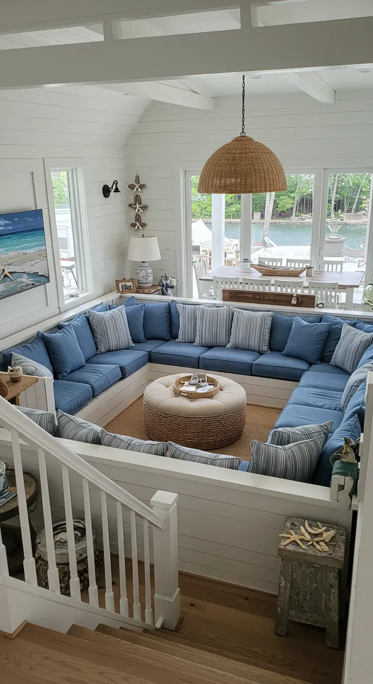 A sunken conversation pit with a large blue U-shaped sectional and a central rattan ottoman.