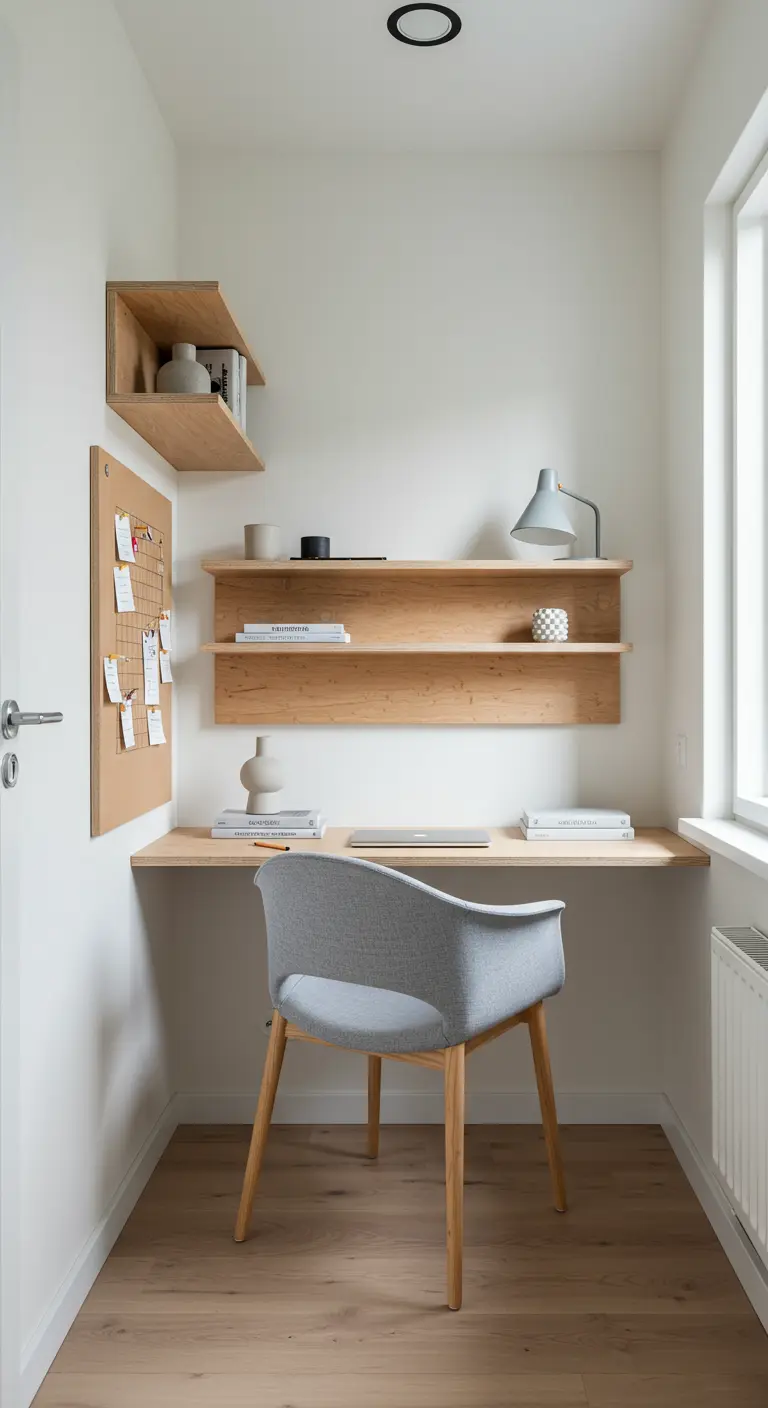 Compact home office with a floating light wood desk and shelves in a narrow white room.