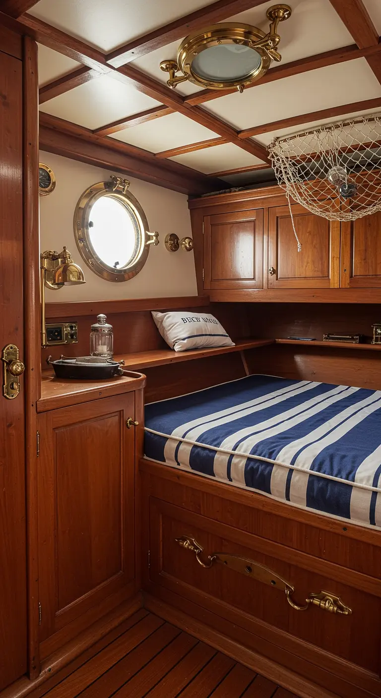 Compact, wood-paneled bedroom resembling a ship's cabin with a built-in bed and a porthole.