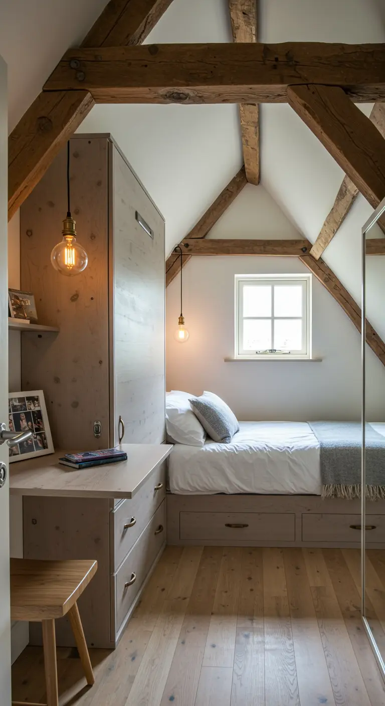 Compact bedroom with a light wood Murphy bed and a built-in desk under a sloped ceiling.