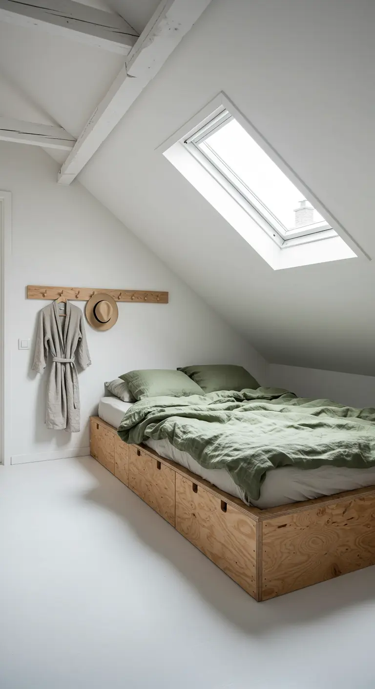 Attic bedroom with a plywood storage bed, sage green linen, and a skylight.