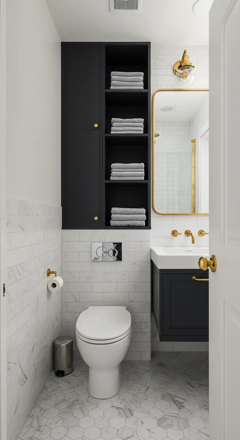 A narrow bathroom with a tall, slim black storage cabinet for vertical storage.