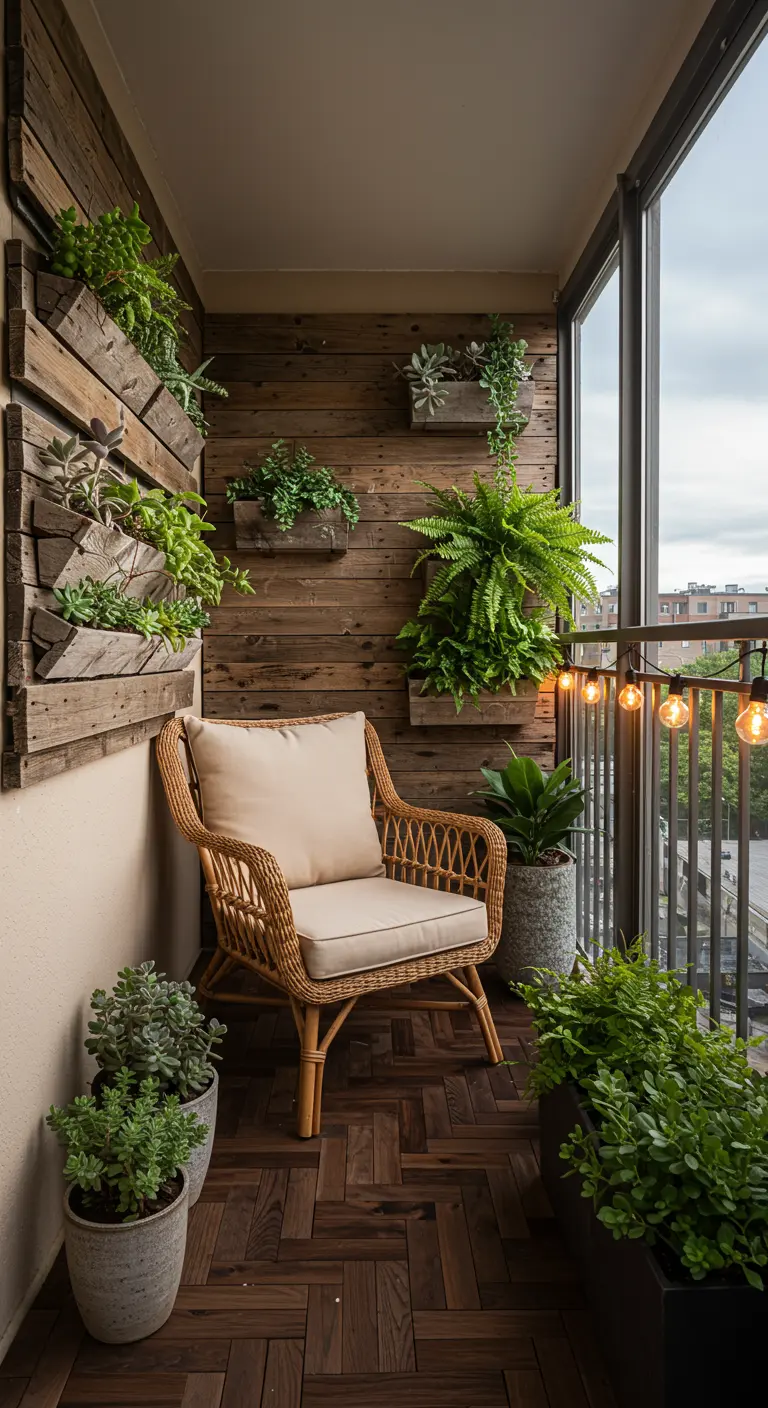A small balcony with a vertical garden made of wood planters and a wicker armchair.