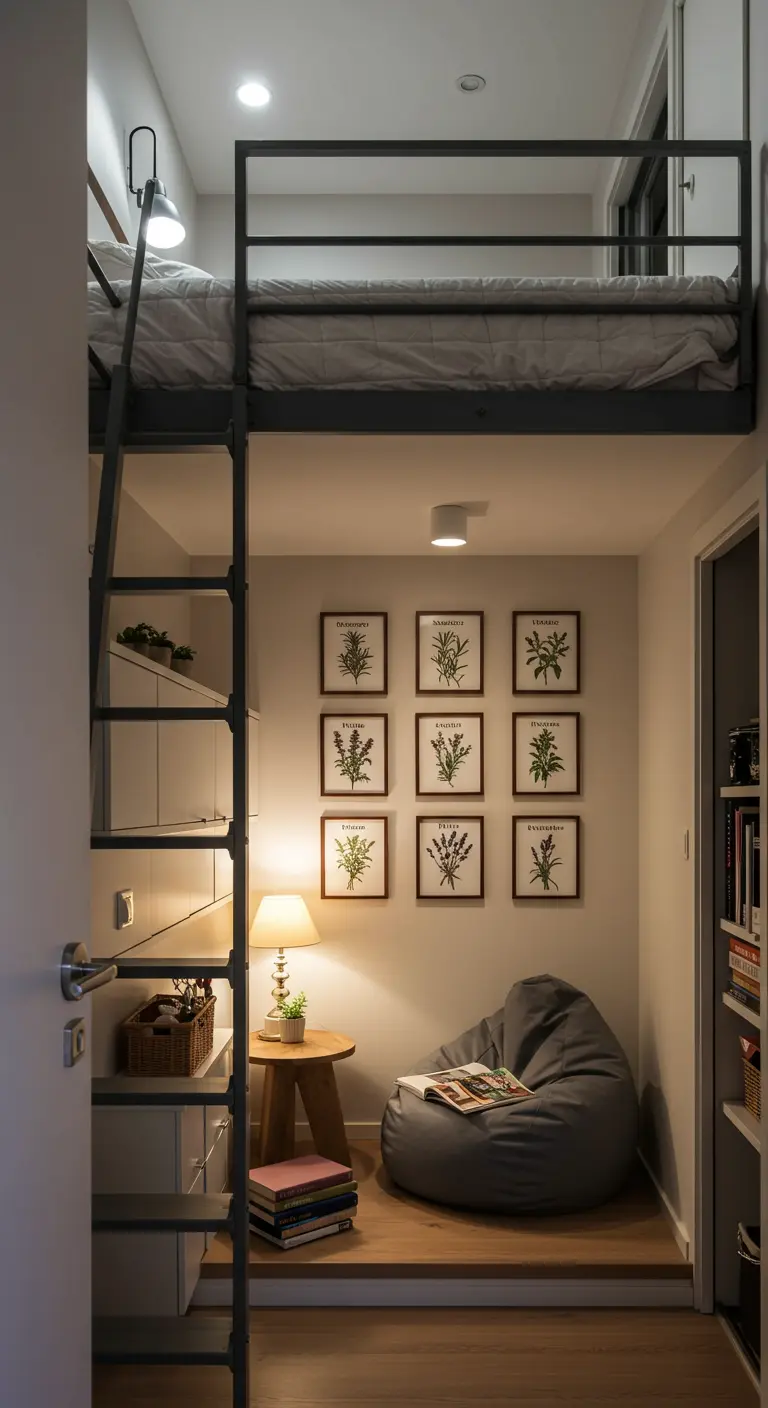 A reading nook with a gallery of herb prints sits below a black metal loft bed in a small room.
