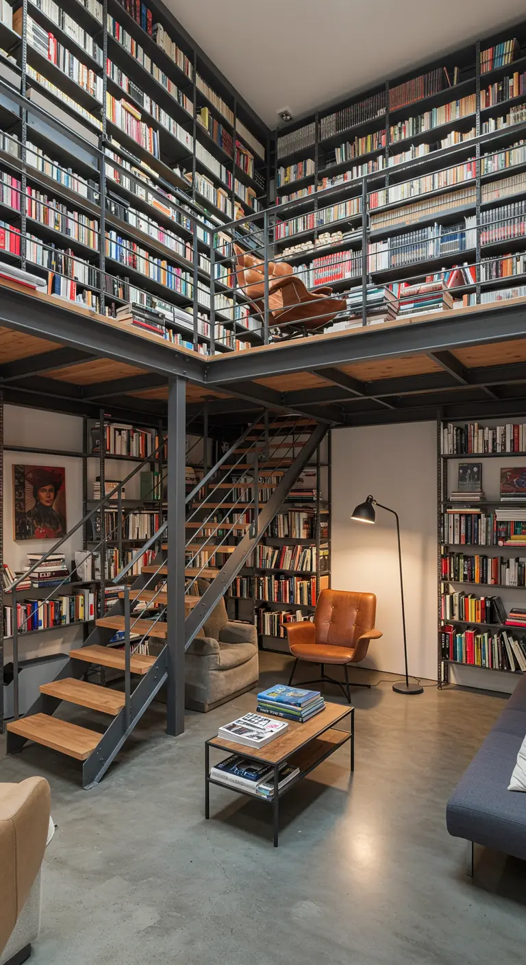 A two-story home library with floor-to-ceiling bookshelves and a mezzanine level.