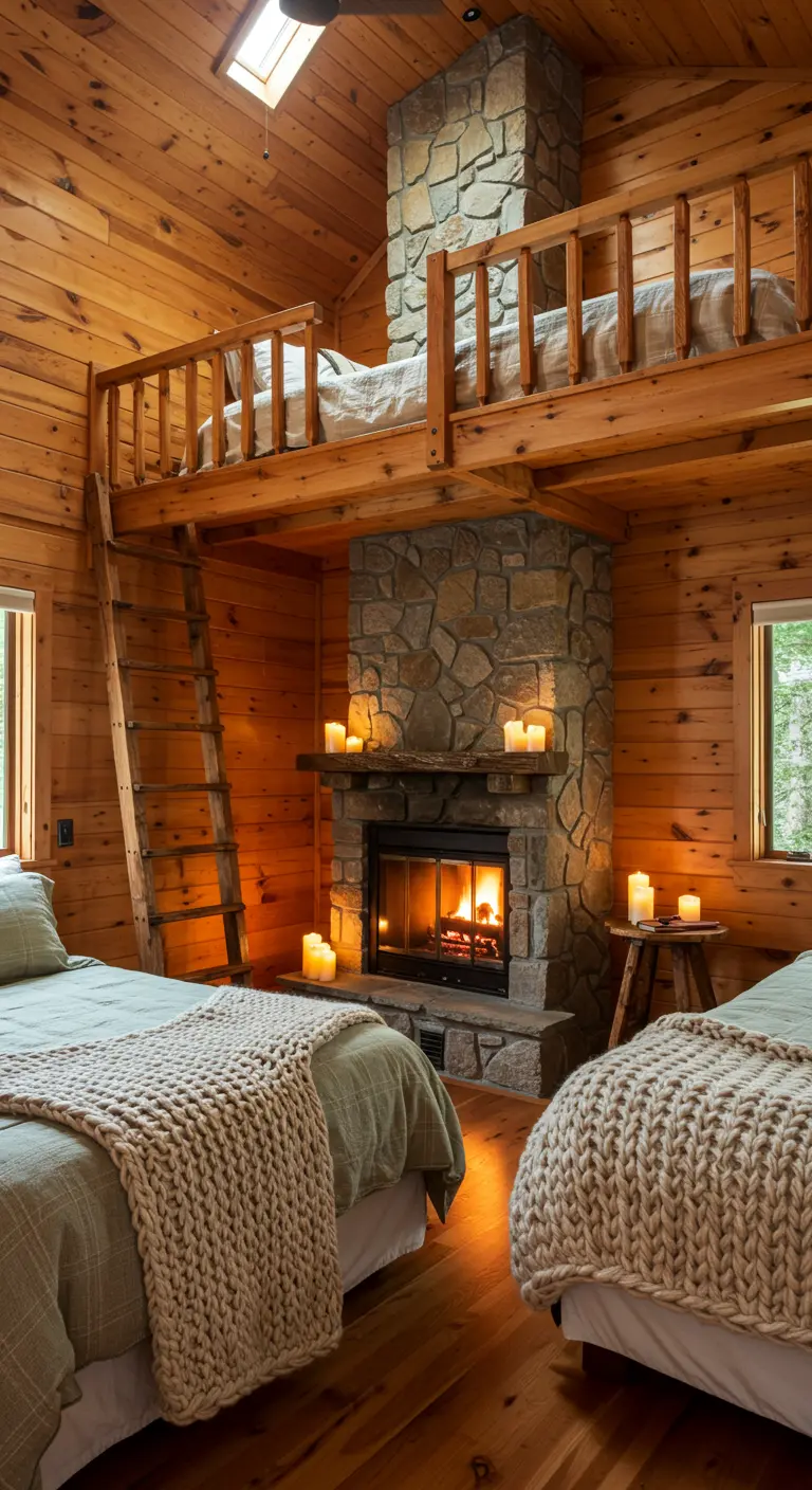 Cabin with a loft bedroom overlooking a main sleeping area, with a central stone fireplace.