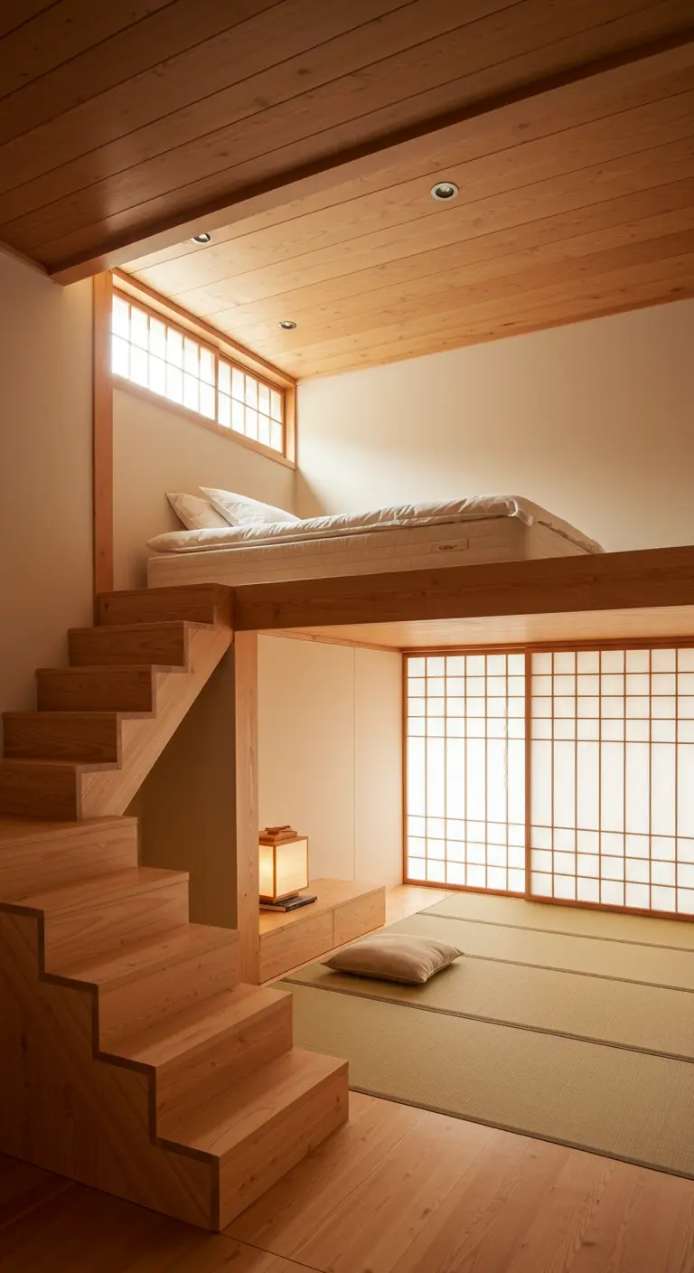 Bedroom with a wooden loft bed, stairs, and a tatami mat area with a lantern underneath.