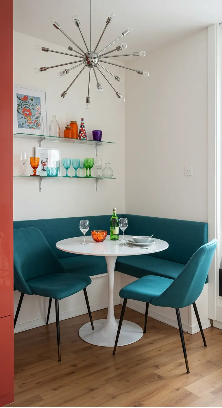Dining nook with a teal banquette, white tulip table, and a silver sputnik chandelier.