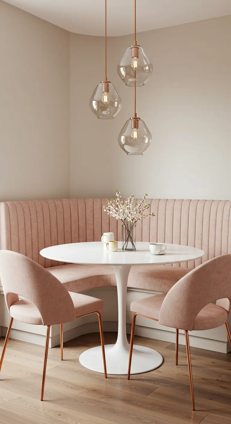 Breakfast nook with a pink tufted banquette, rose gold chairs, and glass pendants.