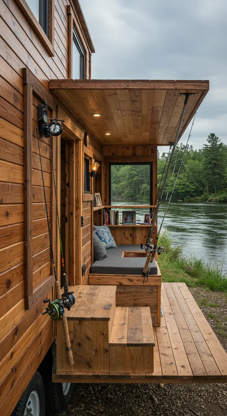 Tiny home porch with a built-in wooden daybed nook overlooking a river.