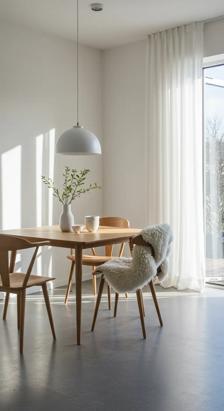 Light oak dining table with minimalist chairs, one with a sheepskin throw, beside a window with sheer curtains.