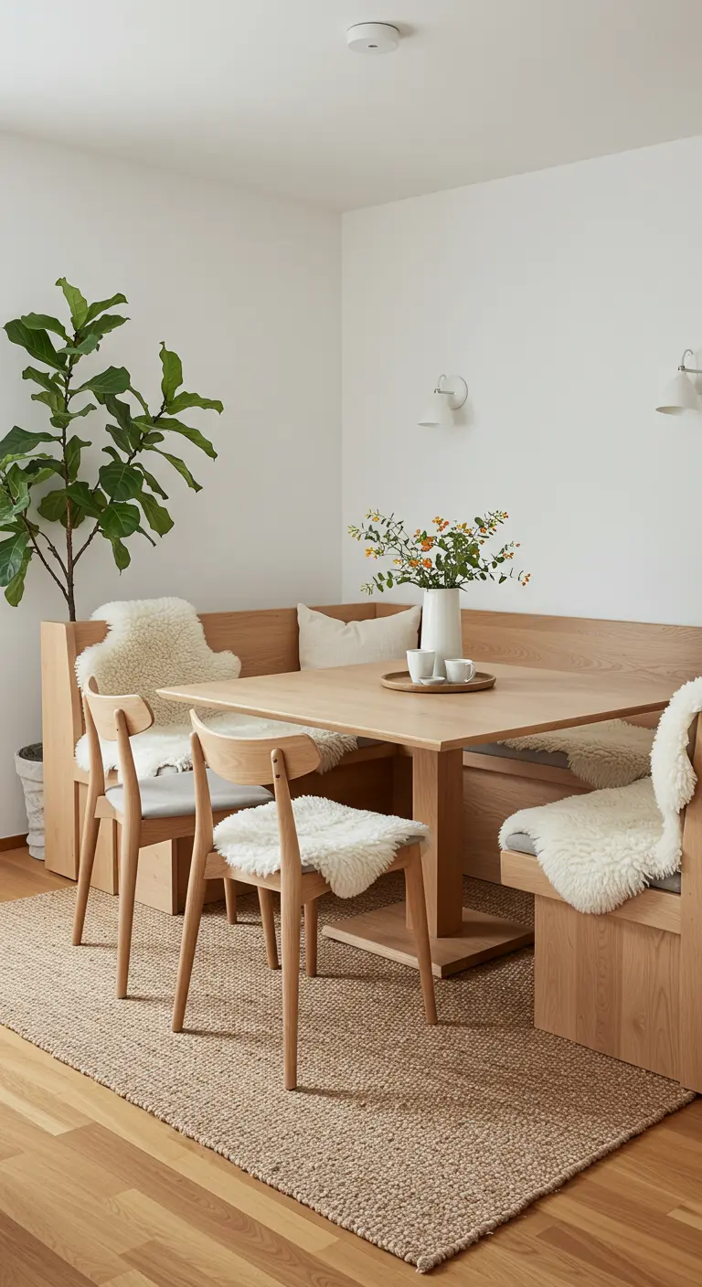 Oak dining banquette with sheepskin throws, a square oak table, and a large fiddle-leaf fig plant in a corner.