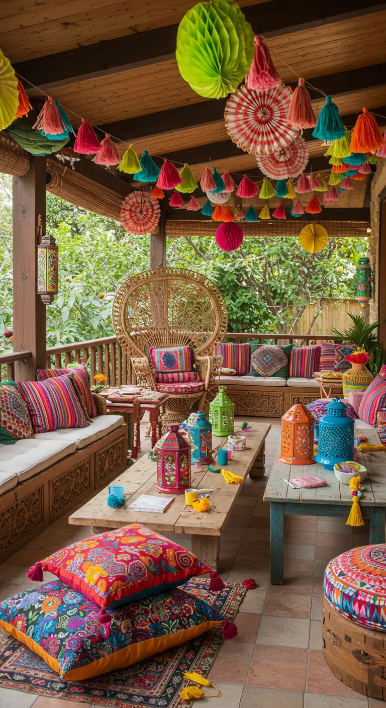 A vibrant, colorful Moroccan-themed patio with hanging paper decor and a peacock chair.