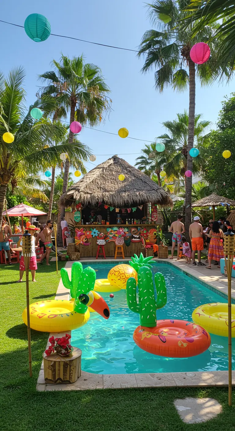 Backyard tiki bar party with colorful paper lanterns and inflatable cactus pool floats.