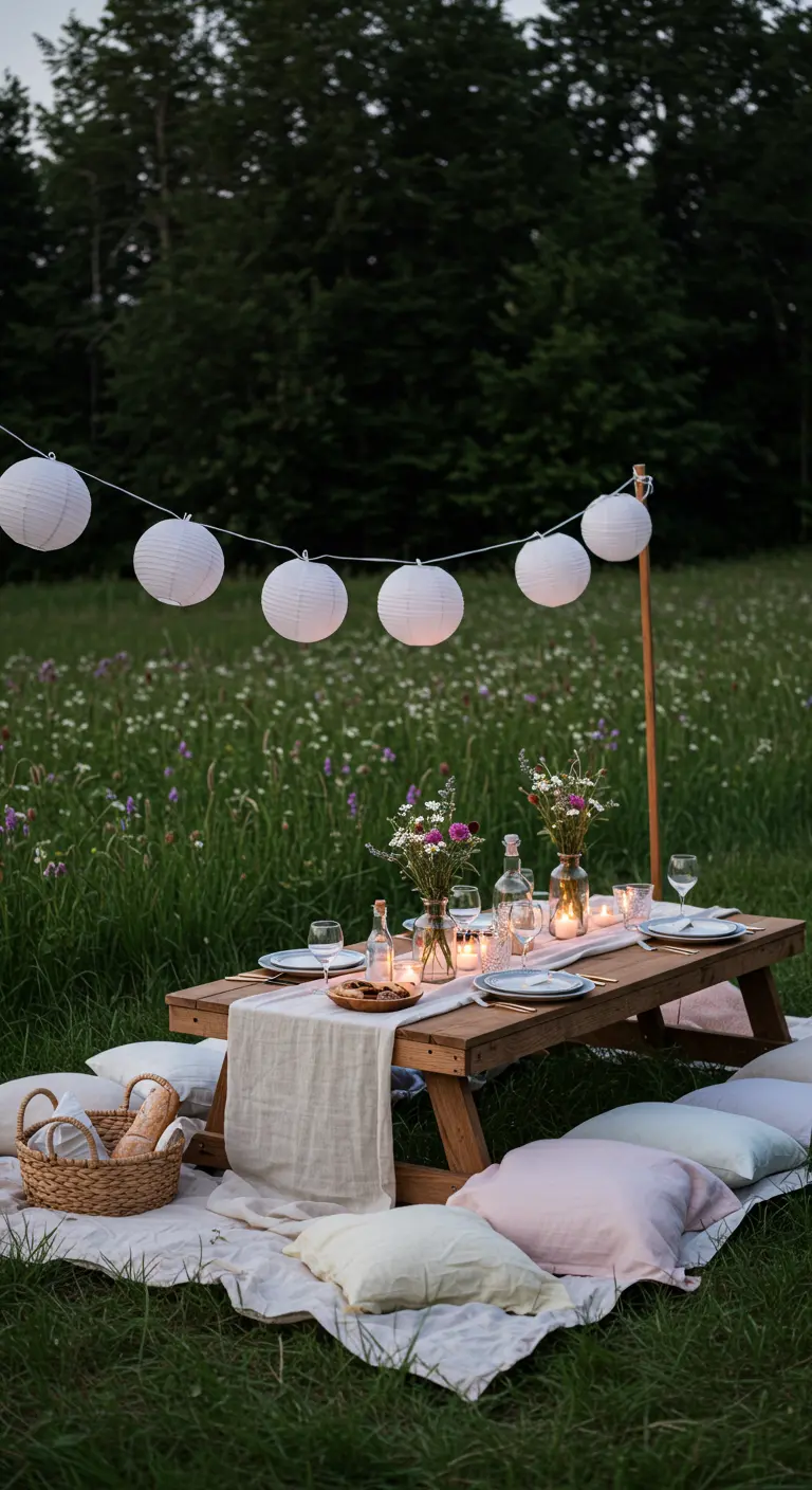A picnic setup in a wildflower meadow with paper lanterns strung above the low table.