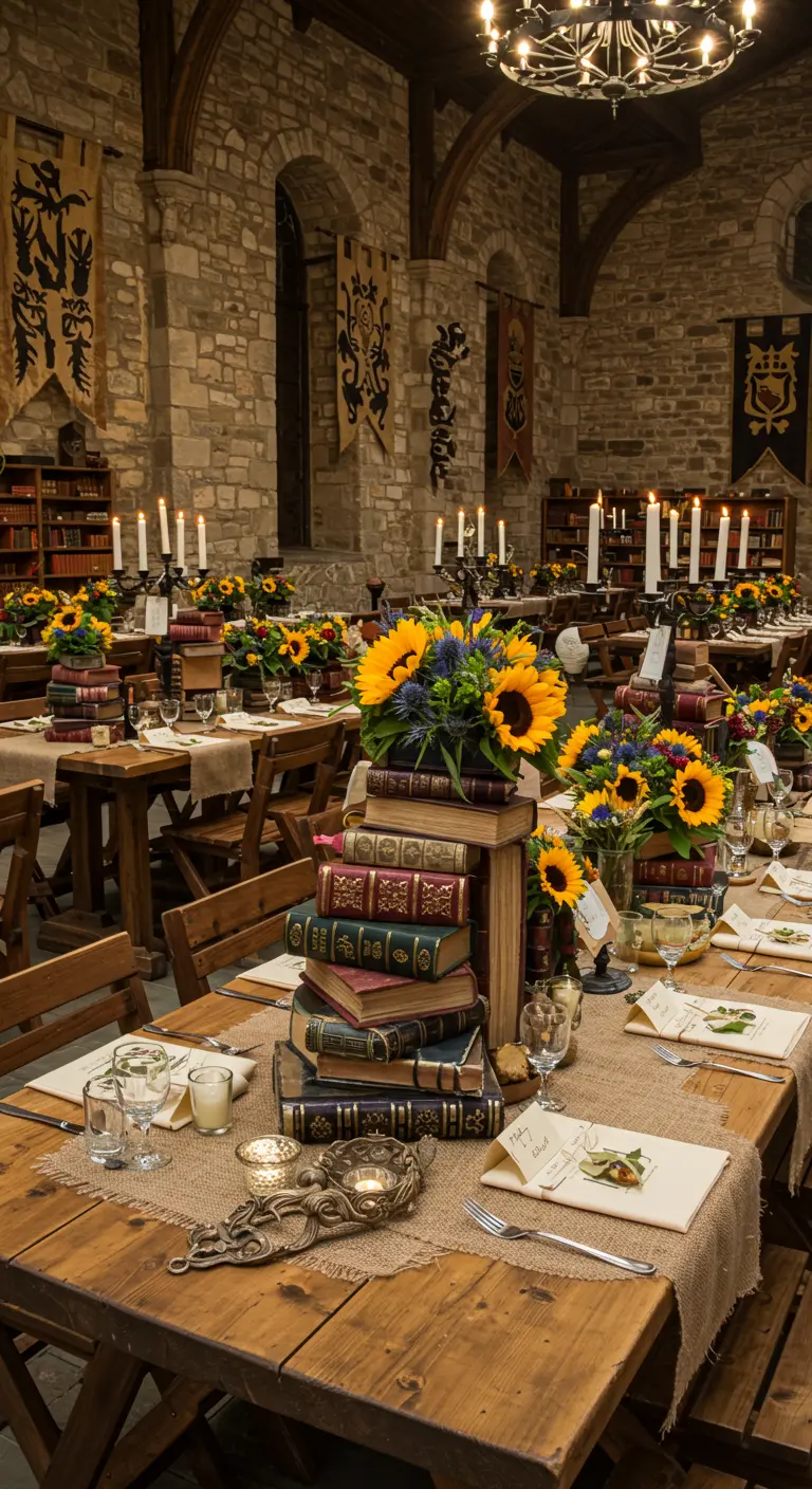 Medieval hall with long wooden tables, book stacks, sunflowers, and candlesticks.
