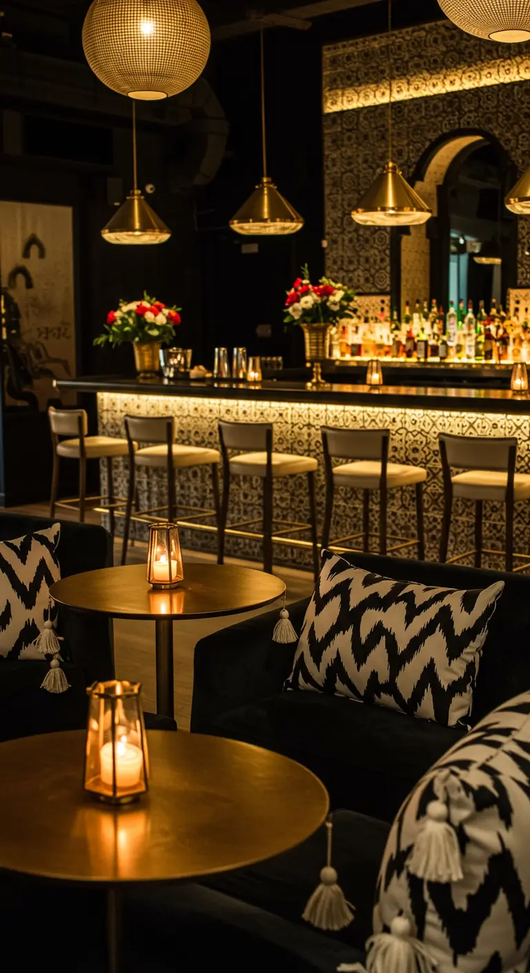 A chic bar with a Moroccan tile backsplash, gold tables, and black and white pillows.