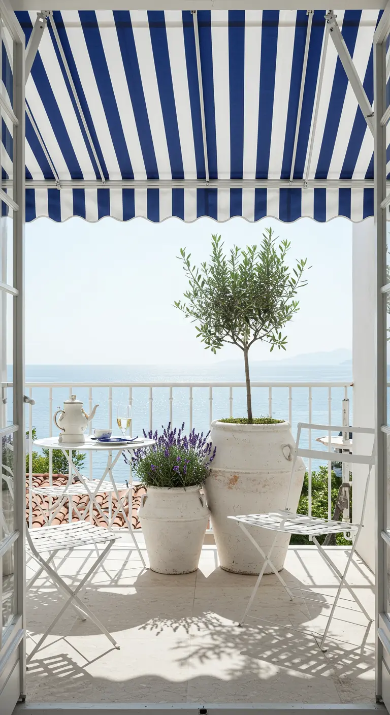 A bright coastal balcony with a white bistro set, a potted olive tree, and a blue awning.