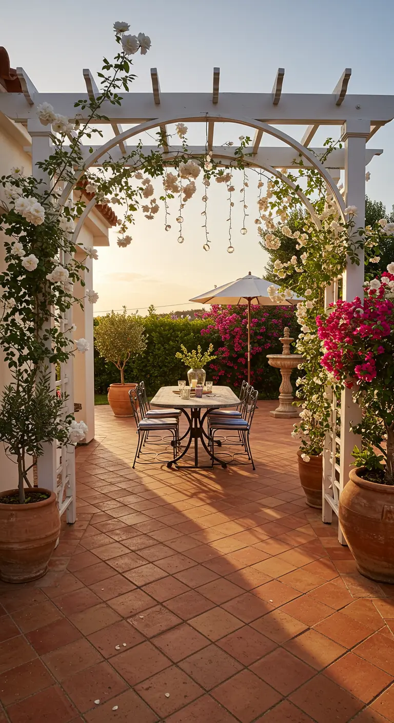 White pergola with white climbing roses over a terracotta tiled patio, distant fountain.