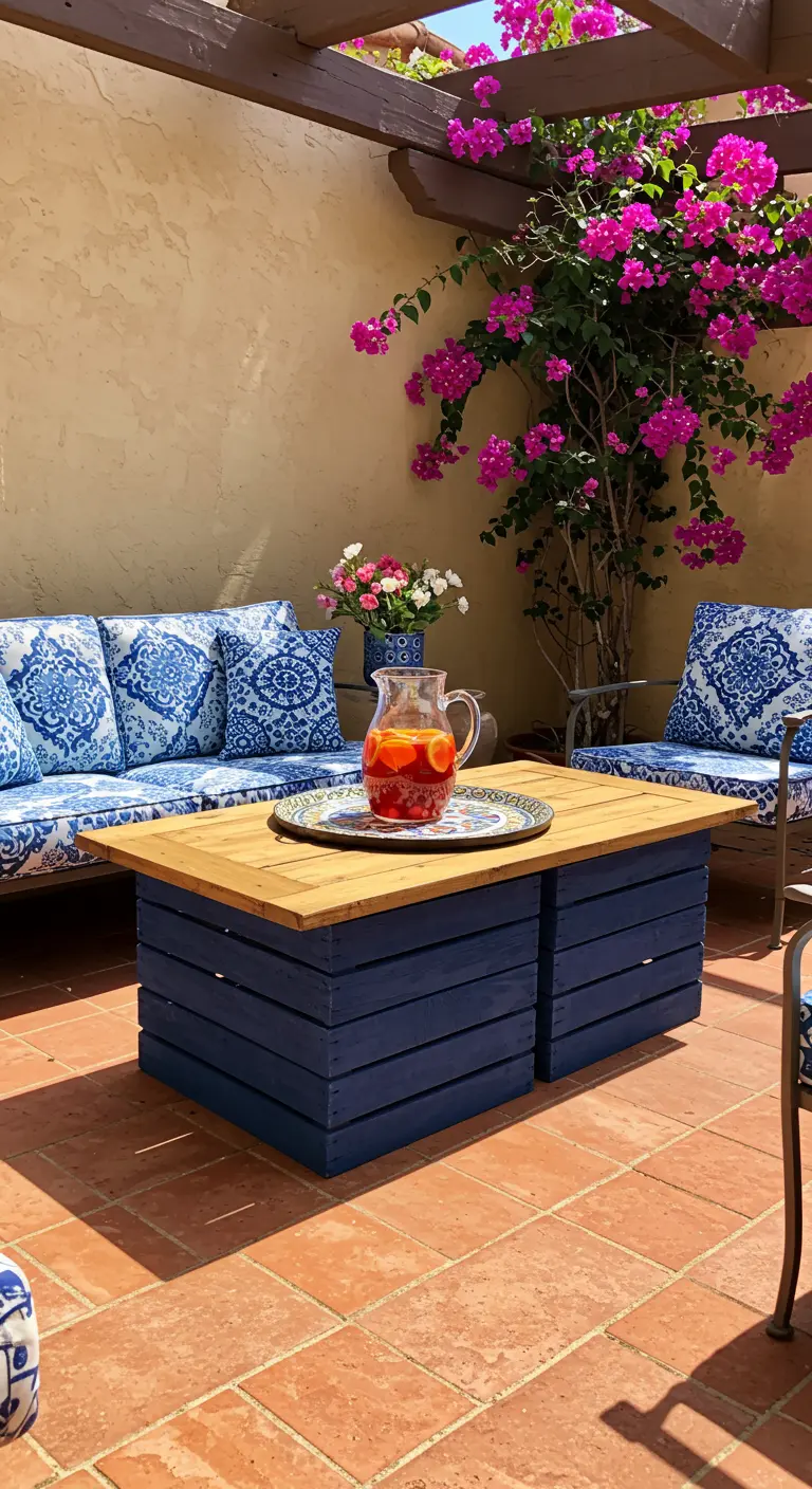 Deep blue painted crate table on a terracotta patio with bougainvillea.