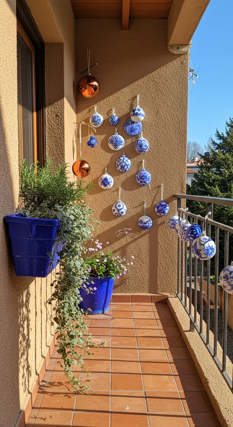 Blue and white patterned baubles hanging on a sunny terracotta balcony wall.