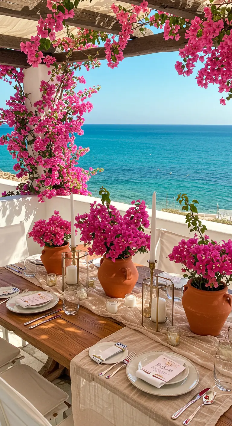 A dinner table on a seaside terrace with bright pink bougainvillea flowers in terracotta pots.