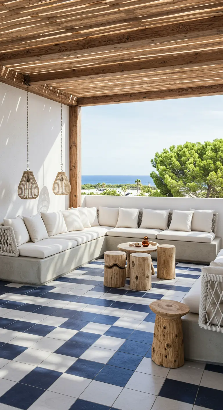 A covered patio with a blue and white checkerboard floor, concrete sectional, and wood stump tables.