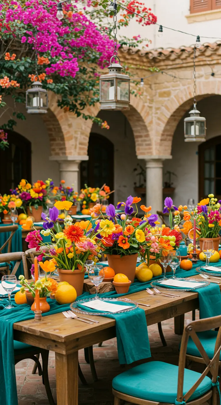 Outdoor courtyard with wooden tables, teal velvet runners, bright flowers in terracotta pots, and citrus fruit.