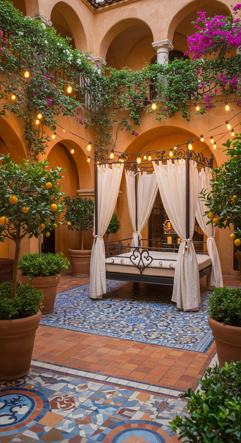 Ornate canopy bed in a tiled Mediterranean courtyard with potted citrus trees.