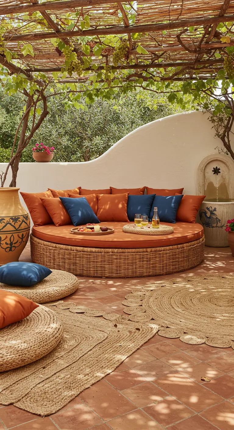 A round rattan daybed with orange cushions under a grapevine-covered pergola.