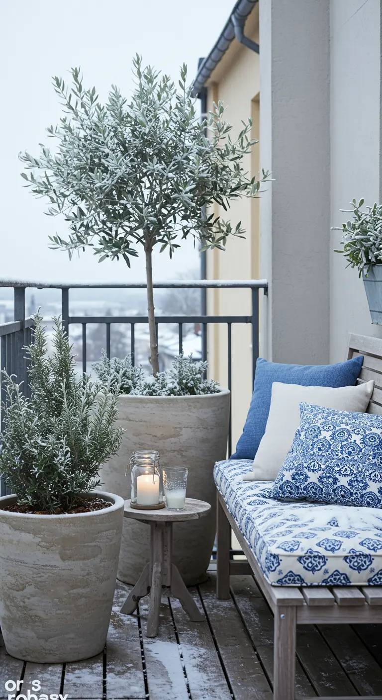 A frosted olive tree and rosemary plant on a balcony with blue and white cushions.