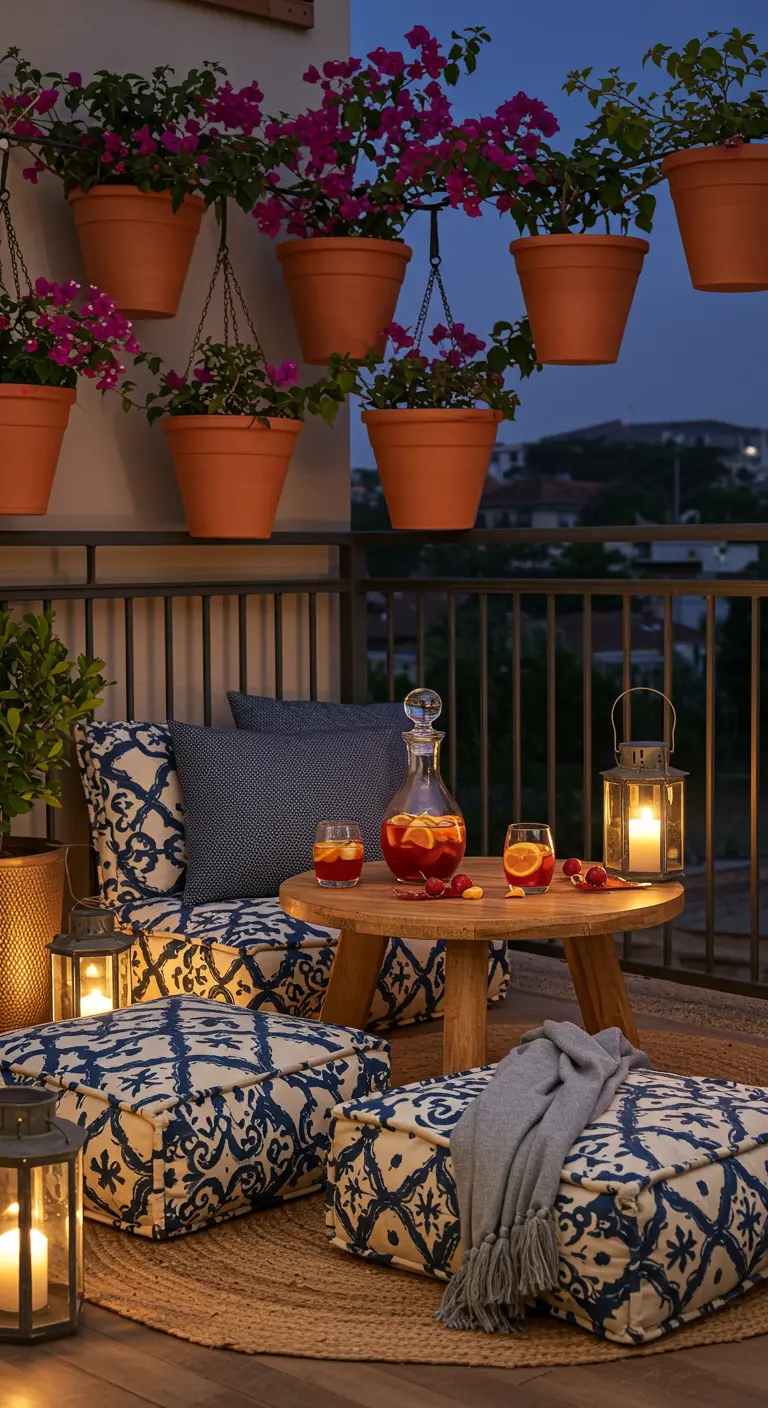 A balcony lounge at night with blue and white patterned cushions, lanterns, and hanging bougainvillea.