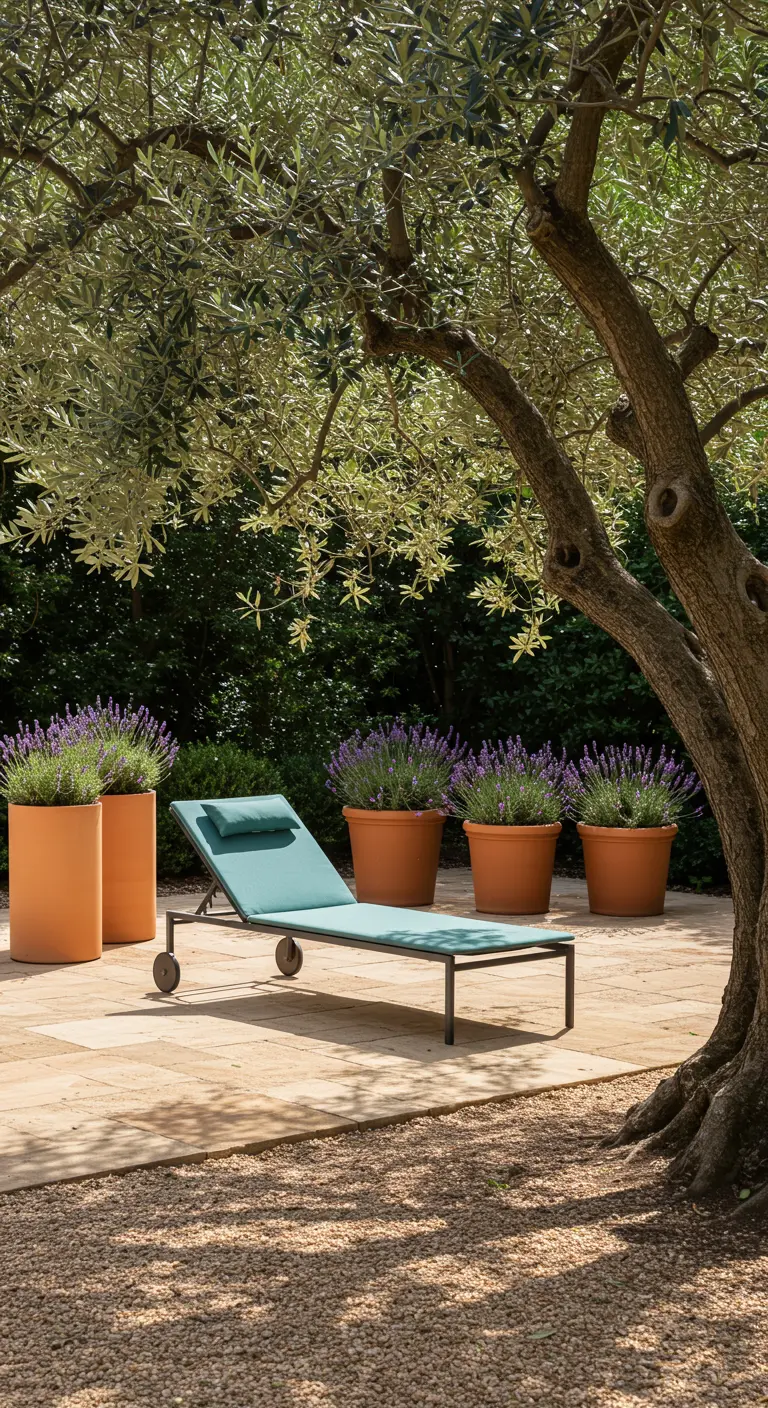 A teal chaise lounge under an olive tree, surrounded by terracotta pots of lavender.
