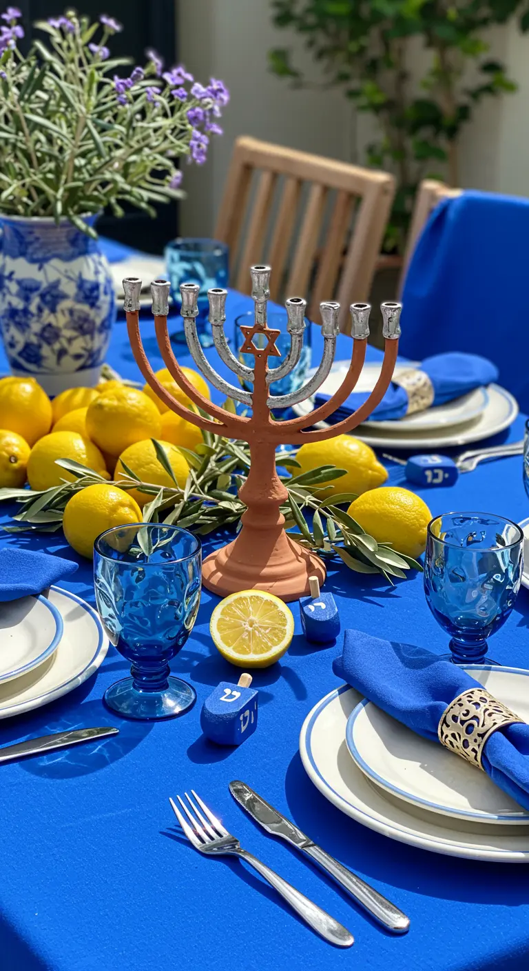 A vibrant Hanukkah table with a blue cloth, a centerpiece of lemons, and a terracotta menorah.