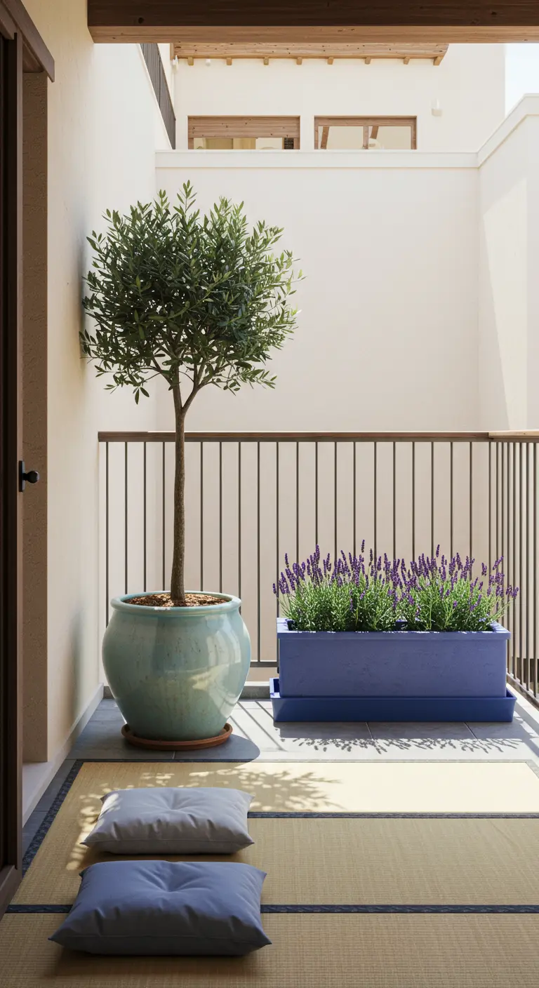 A Japandi-style balcony with tatami mats, floor cushions, and muted blue-green pots.