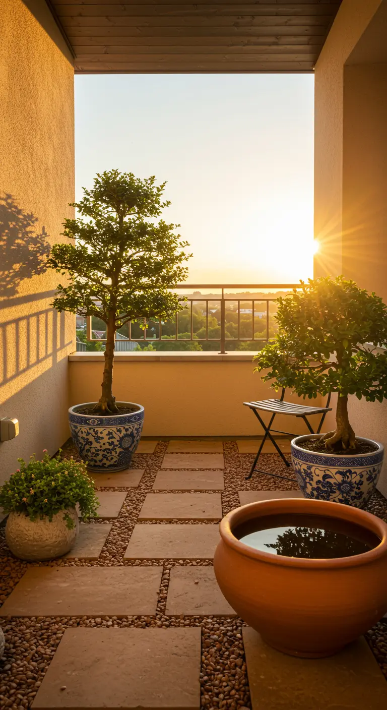 Sunny balcony with terracotta pavers, bonsais in blue and white pots, and a large water bowl.