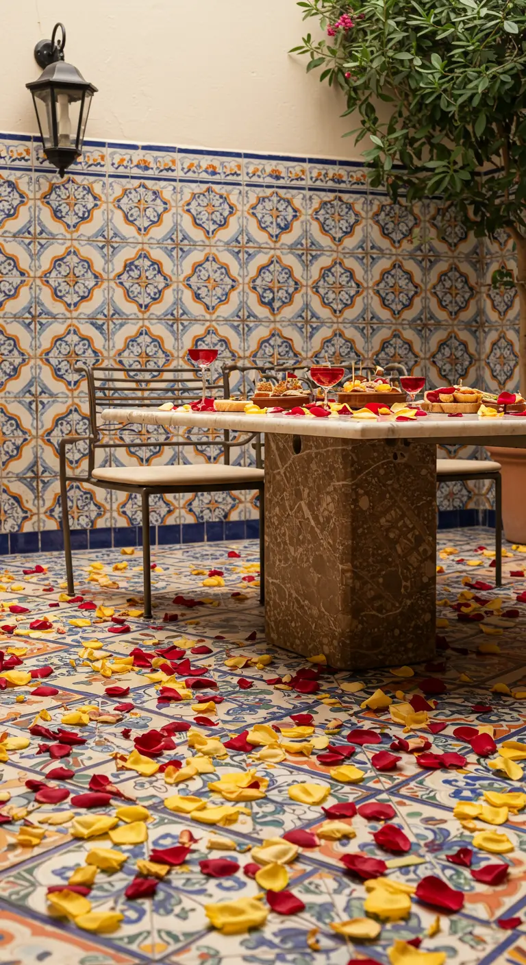 A stone table on a patio with colorful Moroccan tiles, scattered with red and yellow petals.
