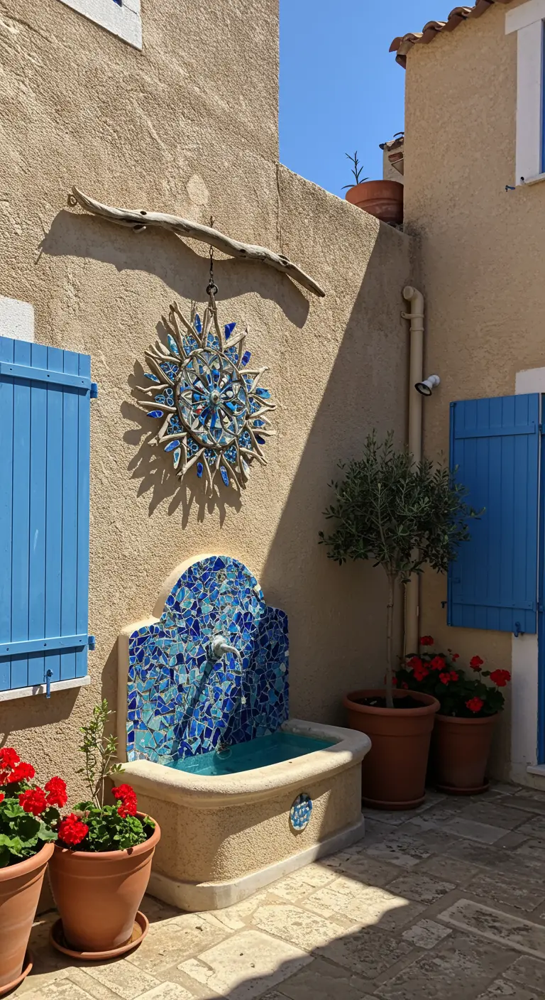 A sun-shaped driftwood and blue mosaic spinner hanging on a stucco wall near a fountain.