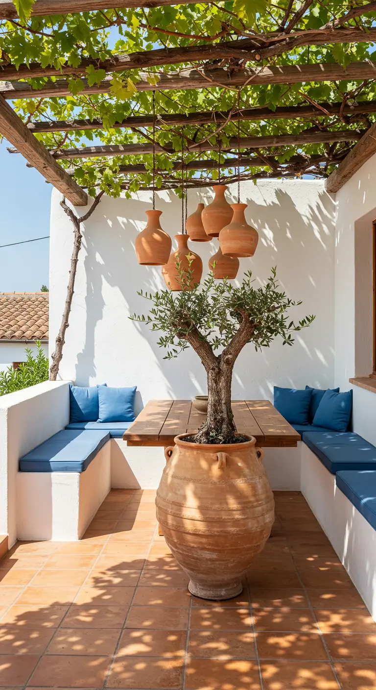 Mediterranean terrace with a large olive tree, a grapevine pergola, and hanging terracotta vase lights.