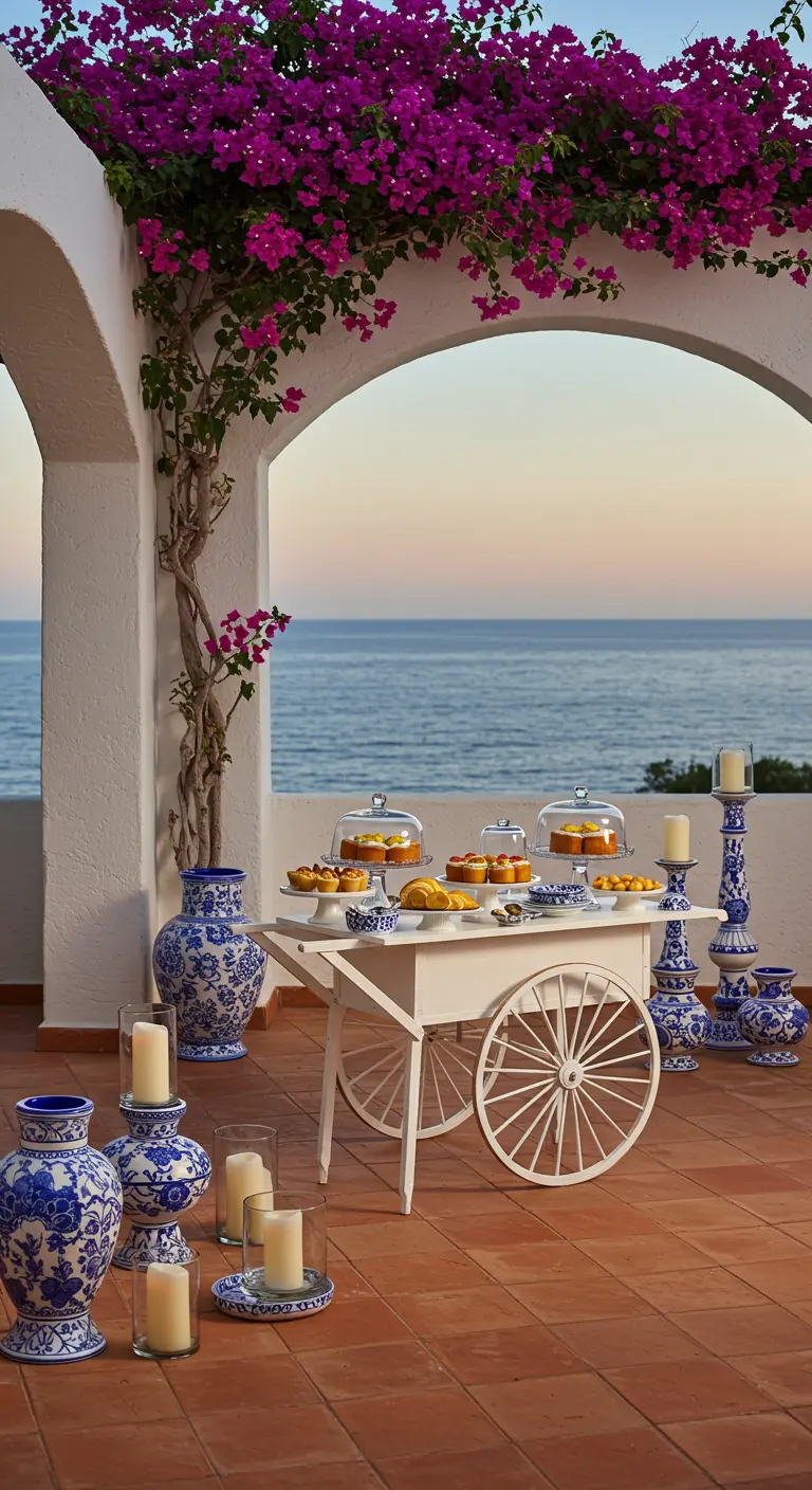 White dessert cart on a terracotta patio with blue and white vases and climbing bougainvillea.